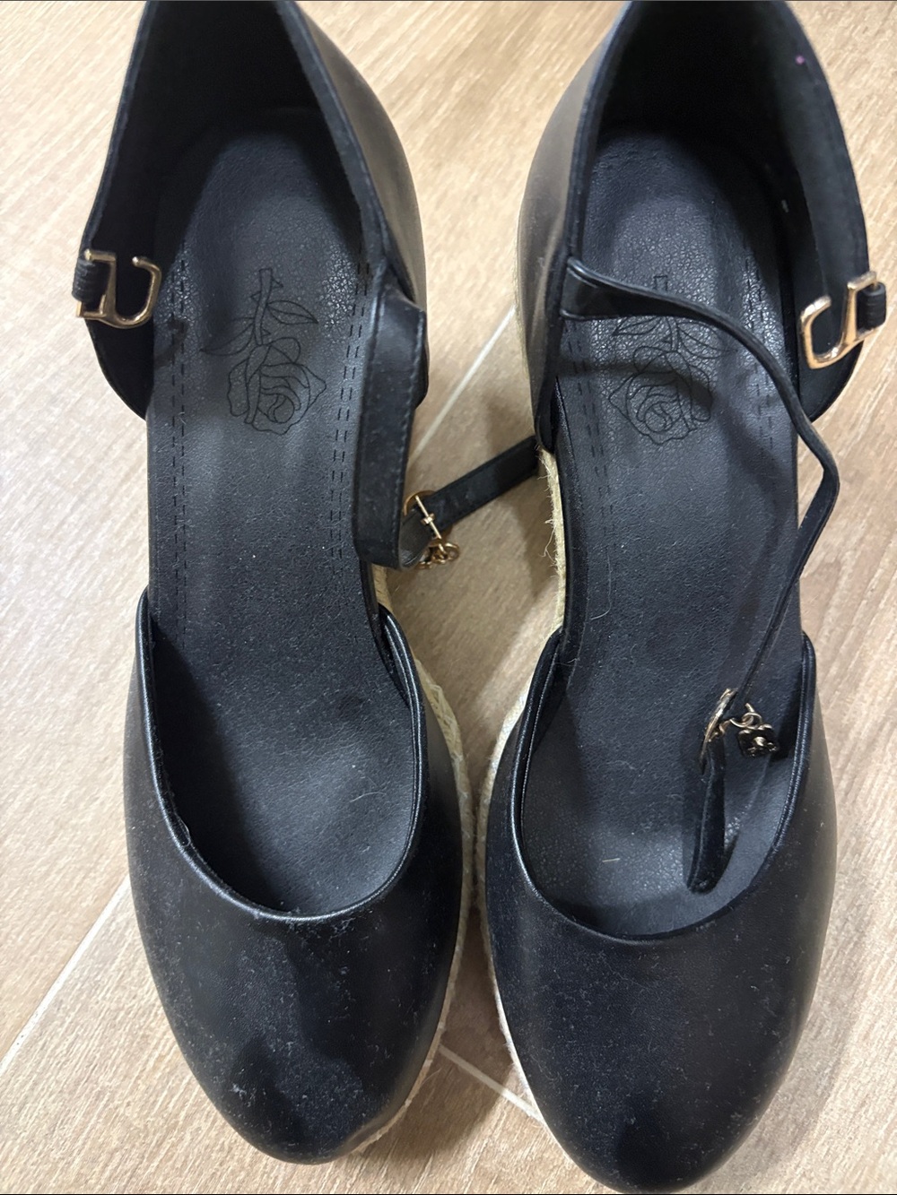 Amazon Black Ankle-Strap Espadrille Wedges with Gold Buckles